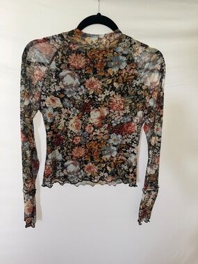 Promesa Floral Mesh Sheer Top Medium Long Sleeve Mock Neck Boho